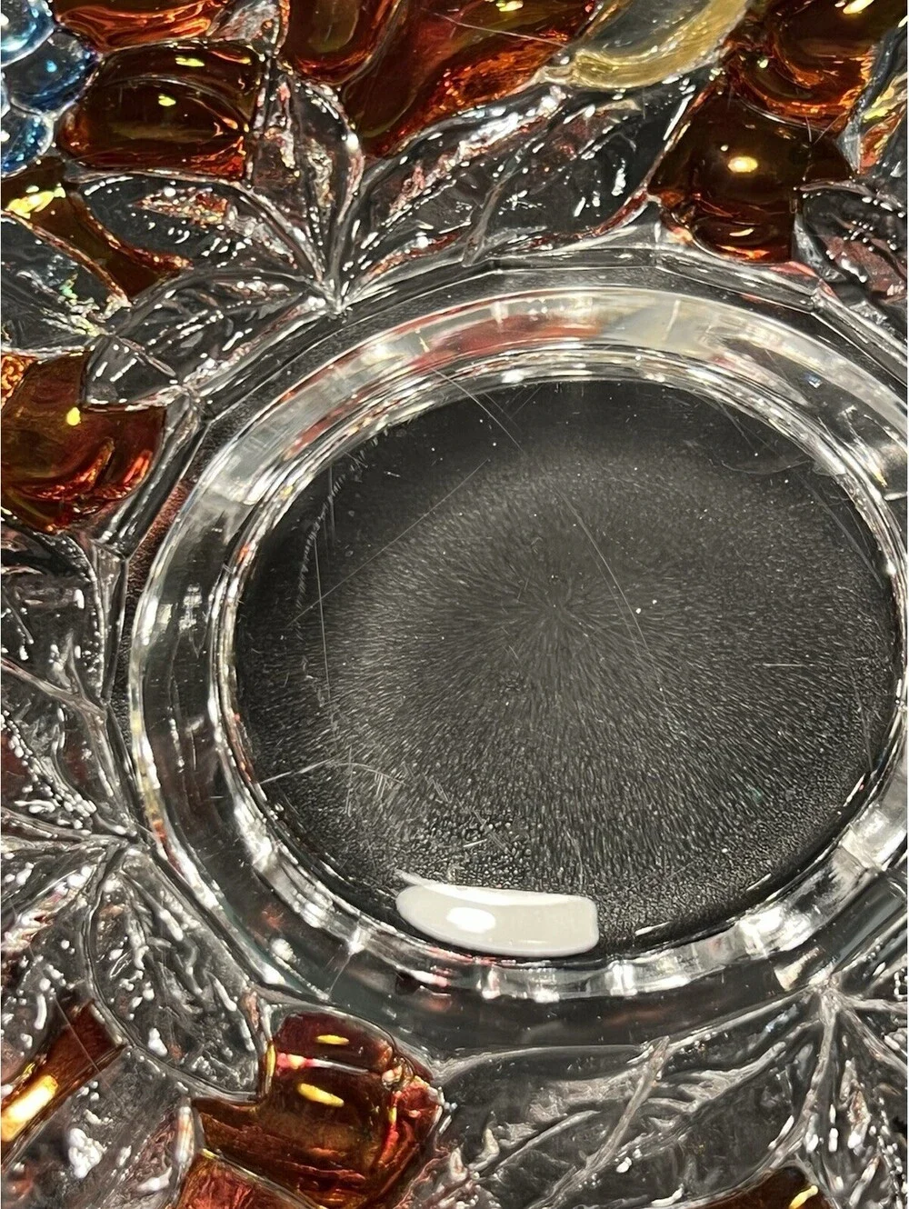 Indiana Glass 1960s Garland Amber Red Blue Fruit Footed Centerpiece Bowl, 13”
